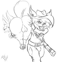 anthro ass balls big_butt bulge canid canine clothing cowboy_hat cowboy_outfit duo ear_piercing ear_ring fennec fennephilim_fox fox genitals gun hand_on_butt hat headgear headwear hi_res holding_butt kled league_of_legends line_art looking_at_viewer looking_back male mammal open_mouth pawpads piercing ranged_weapon ring_piercing riot_games shoulder_grab tagger_fox video_games weapon yordle