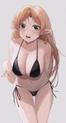 arm_behind_back big_breasts bikini black_bikini blonde_female blush breasts collarbone elf forehead_jewel green_eyes grey_background huge_breasts isekai_ojisan looking_at_viewer open_mouth orange_hair pigeon_(wejil) pointy_ears simple_background solo solo_female string_bikini sui_(isekai_ojisan) swimsuit