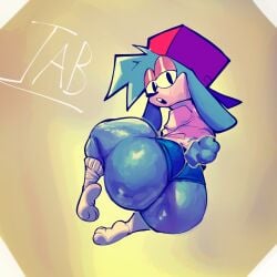 1boy anthro ass ass_focus beige_background big_ass big_butt blue_body blue_bunny blue_bunny_ears blue_fur blue_hair blue_panties blue_skin blue_tail blue_underwear bored_expression boyfriend_(friday_night_funkin) bubble_ass bubble_butt bunny_ears bunny_tail digital_media_(artwork) encore_boyfriend_(friday_night_funkin) fat_ass fluffy_tail fnf fnf_mods friday_night_funkin friday_night_funkin_mod furry hat looking_at_viewer looking_back mobian_(species) mobian_dog only_male open_mouth panties paws rabbit red_hat sega short_sleeved_shirt short_sleeves socks sonic.exe_(series) sonic_(series) sonic_the_hedgehog_(series) tabbylonglegs tail tan_background thick thick_thighs unamused underwear watermark white_shirt