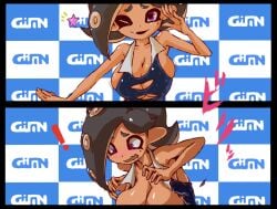 1girls black_hair blush boob_window breast_focus breast_press breast_squish breasts_bursting_out breasts_out bursting_breasts bursting_clothes callie_(splatoon)_(cosplay) clothes_ripping dark-skinned_female dark_skin female_only hanging_breasts hideyoshi_(swliyhbpe9xqqze) nintendo octoling octoling_girl octoling_rival ripped_clothing shocked_expression shocked_face short_hair sideboob simple_background sole_female splatoon splatoon_2 tight_clothing wardrobe_malfunction wink ヒデヨシ