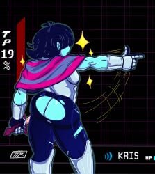 1boy armor ass back_view big_ass big_butt blue_hair blue_pants blue_skin bored_expression bubble_ass bubble_butt deltarune deltarune_chapter_2 digital_media_(artwork) emotionless exposed_ass gauntlets hair_covering_eyes hair_over_eyes hero hi_res highres holes_in_clothes kojoarts kris_(deltarune) male male_only naughtypaw_(artist) nonsexual pointing ripped_pants scarf solo sword tight_pants ttherandom tthrandom tthrandom_rp twink