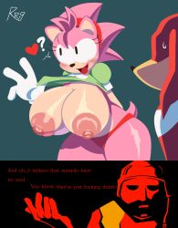 1girls 2boys amy_rose big_breasts big_butt big_penis blush breasts classic_amy_rose dr_robotnik dreadlocks eyelashes eyes eyes_open faceless_male gloves green_clothing knuckles_the_echidna light-skinned_female looking_away nipples pink_fur pink_hair pulling_clothing red_fur red_underwear shiny_breasts shiny_skin shirt simple_background smile smiling snesti sonic_(series) sonic_cd sonic_the_hedgehog_(series) starved_eggman tagme thick_thighs thong white_eyes