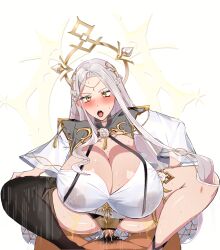 1boy ahe_gao areola_slip big_areola blush cleavage clothed_sex cowgirl_position epic7 female huge_breasts judge_kise_(epic7) long_hair penetration sex straight tongue_out white_hair yellow_eyes