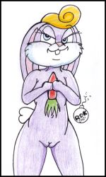 anthro binky_bunny blonde_hair blue_eyes carrot female food genitals hair lagomorph leporid mammal nude plant pussy rabbit reddragonkan solo tiny_toon_adventures traditional_media_(artwork) vegetable warner_brothers