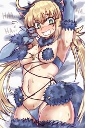 1girls ahoge artoria_pendragon_(caster) bikini blonde_hair blush breasts ebora embarrassed fate/grand_order fate_(series) female fur_bikini green_eyes light-skinned_female light_skin long_hair mash_kyrielight_(dangerous_beast)_(cosplay) medium_breasts revealing_clothes thighs twintails youngmanisdown