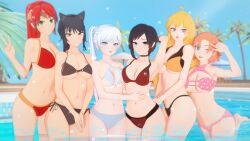 6girls bikini black_hair blake_belladonna blonde_hair cat_ears cat_girl circlet female female_only green_eyes high_ponytail long_hair multiple_girls nora_valkyrie orange_hair ponytail pool posing pyrrha_nikos red_hair ruby_rose rwby sidelocks swimsuit tagme weiss_schnee white_hair yang_xiao_long