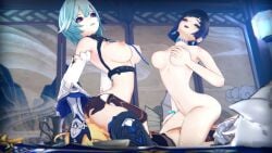 1boy 2girls 3d 3some aether_(genshin_impact) animated arched_back areola armpits big_breasts blue_hair bouncing_breasts cunnilingus eula_(genshin_impact) facesitting ffm_threesome from_below genshin_impact girl_on_top jygreanimation kissing large_ass large_breasts light-skinned_female light-skinned_male light_skin navel nipples nude reverse_spitroast self_grope sex sideboob stretching tagme threesome underboob vaginal video yelan_(genshin_impact) yuri