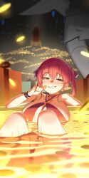 1girls bare_shoulders bath bathing_suit big_breasts blush blushing gkdlfnzo gold hololive hololive_fantasy hololive_japan houshou_marine huge_breasts light-skinned_female looking_at_viewer money money_bath multicolored_eyes virtual_youtuber