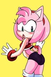 amy_rose black_shorts blush flat_chest flat_chested hearlesssoul pink_fur pink_hair short_hair solo sonic_(series) surprised tight_clothing