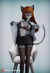 3d_(artwork) absurd_res anthro brassiere breasts business_suit chair clothing company digital_media_(artwork) eyewear felid female furniture glasses hair hi_res legwear mammal momo_(disambiguation) monarquis office_lady pantherine panties pinup pose red_hair secretary_outfit simple_background snow_leopard solo stockings suit underwear