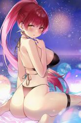 ayamy bikini black_swimsuit hololive hololive_fantasy hololive_japan houshou_marine huge_ass huge_breasts looking_at_viewer looking_back red_hair swimsuit thick_thighs virtual_youtuber