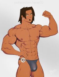 alejandro_burromuerto_(tdi) big_muscles blue_eyes bulge daddy dark_hair ear_ring flexing hand_on_hip looking_at_viewer male male_focus male_only manly muscular_arms muscular_male reiner55 thong total_drama_island underwear