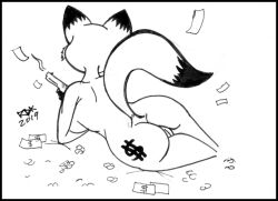 anthro ass canid canine currency_symbol dollar_sign female fox genitals gun inks mammal miss_fortune_(disambiguation) monochrome nude pussy ranged_weapon reddragonkan simple_background solo symbol traditional_media_(artwork) weapon