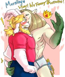 2015 2boys 2d 2d_(artwork) adventure_time anthro asgore_dreemurr ass_grab beard blonde_hair blush blush_lines briefs briefs_only clothed clothing color colored crossover crown dilf dominant dominant_male duo duo_focus embarrassed facial_hair furry furry_tail gay goat hair hair_up horn horns long_ears long_hair luna926tw male male_only muscular muscular_male ponytail romantic simple_background submissive submissive_male tail text undertale undertale_(series) underwear vampire_king white_body white_fur