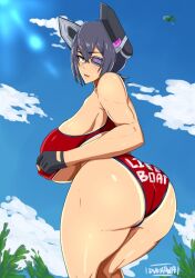 1girls artist_name artist_signature ass back_view bare_shoulders big_ass big_breasts big_butt bikini breasts butt cloud clouds collarbone duo_kawa erect_nipples erect_nipples_under_clothes eyepatch female female_only fingerless_gloves gloves huge_breasts kantai_collection large_ass large_breasts large_butt legs light-skinned_female light_skin looking_at_viewer muscular_arms muscular_female oppai purple_hair seductive_eyes seductive_look short_hair sky solo solo_female solo_focus swimsuit tenryuu_(kantai_collection) tomboy yellow_eyes