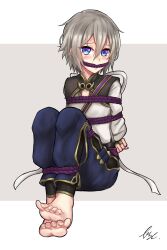 1boy arms_tied_behind_back artist_request barefoot blue_eyes bound_ankles bound_legs fate/grand_order fate_(series) gag gagged gao_changgong_(fate) grey_hair looking_at_viewer rope_bondage rope_gag tagme