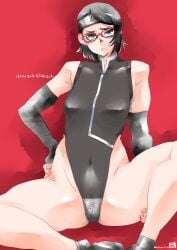 1girls arm_warmers armwear bandaged_arm bare_legs bare_shoulders black_eyes black_hair blush boruto:_naruto_next_generations cameltoe erect_nipples erect_nipples_under_clothes female female_focus female_only footwear forehead_jewel glasses headband konohagakure_symbol light-skinned_female light_skin mike156 naruto naruto_(series) nipple_bulge pale-skinned_female pale_skin perky_breasts pinup pose posing sarada_uchiha short_hair shounen_jump sitting sleeveless_shirt small_breasts solo solo_female solo_focus thick_thighs thighs tight_clothing voluptuous