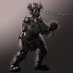 absurd_res anthro areola ball_joints big_breasts black_sclera bow_tie breasts clothing dialogue doll_joints female five_nights_at_freddy's five_nights_at_freddy's_4 glowing glowing_eyes grey_background hat headgear headwear hi_res iniquity long_tongue looking_at_viewer mammal monster nightmare_freddy nipples nude rule_63 scottgames sharp_teeth simple_background solo talking_to_viewer teeth text tongue tongue_out top_hat ursid video_games white_eyes wire