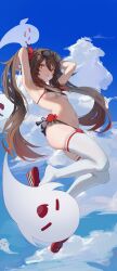 armpits arms_up bikini black_bikini breasts closed_eyes genshin_impact ghost hi_res hiki_niito hiki_nito hu_tao_(genshin_impact) looking_at_viewer navel petite sky small_breasts smile sunglasses sunglasses_on_head swimwear thighhighs underboob white_legwear