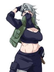 1girls 2022 big_breasts black_eyes busty cleavage clothed clothing crop_top fingerless_gloves forehead_protector fully_clothed gender_transformation genderswap_(mtf) gloves grey_hair hand_on_head hatake_kakashi headband headwear jacket konohagakure_symbol kunoichi large_breasts long_hair mask mattsunart naruto naruto_(classic) naruto_(series) naruto_shippuden ninja only_female pale-skinned_female pale_skin red_eyes rule_63 sharingan shounen_jump silver_hair sole_female solo solo_female solo_focus sports_bra voluptuous wide_hips