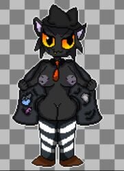 animal_ears anonymous_artist black_fur breasts brown_shoes cat_ears fedora fishy_cat_(tower_heroes) footwear furry furry_only hat jacket jacket_open legwear pixel_art roblox roblox_game shoes striped_thighhighs thick_thighs thighhighs tie tower_heroes walter_white’s_meth whiskers