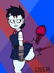 1girls ball belt buckteeth cellulite crash_(series) dark_blue_hair fat_ass gtogta_(artist) huge_ass huge_breasts light_blue_body nina_cortex skirt tie