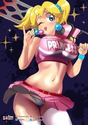 1girls alternate_hairstyle big_breasts blonde_female blonde_hair blue_eyes breasts busty cheerleader cheerleader_uniform cosplay cute female female_only juliet_starling_(cosplay) large_breasts legs lollipop_chainsaw mario_(series) midriff navel princess_peach sasatseng smile solo thighs tongue tongue_out twintails