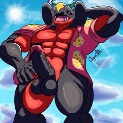 abs anthro balls biceps clothed clothing erection garchomp genitals humanoid_genitalia humanoid_hands humanoid_penis laugh male male_only manly muscular muscular_anthro muscular_male nature nintendo nipples nude open_mouth ougon outside pecs penis pokémon_(species) pokemon pokemon_(species) quads shirt sky solo tongue topwear triceps two-tone_body vein veiny_penis video_games