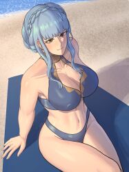 1girls alternate_costume bangs bare_thighs beach bikini blue_bikini blue_hair blue_swimsuit blush braid breasts brown_eyes brown_hair cleavage collarbone covered_nipples crown_braid female female_only fire_emblem fire_emblem:_three_houses fire_emblem_heroes from_above hiddenfuchsia highres large_breasts light_blue_hair marianne_von_edmund marianne_von_edmund_(summer) midriff navel nintendo ocean official_alternate_costume outdoors redfushsia sand sarong short_hair sitting smile solo swimsuit thick_thighs thighs towel