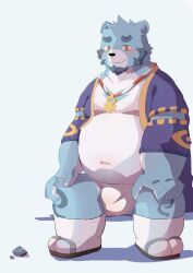 2022 anthro asian_clothing beard belly big_belly blue_body blush bonasiah bulge clothing east_asian_clothing facial_hair footwear full_attack fundoshi hi_res humanoid_hands japanese_clothing kemono male male_focus male_only mammal navel overweight overweight_male pixiv_id_54092237 sandals sitting solo sophring_jie underwear ursid white_body white_clothing white_fundoshi white_underwear