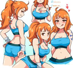 1girls big_breasts breasts cleavage curvy dashi_art female female_only gym_clothes gym_shorts horny horny_female long_hair midriff nami one_piece orange_hair ponytail post-timeskip seductive shoulder_tattoo solo tattoo