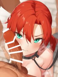 1boy absurdres bangs boudica_(fate) boudica_(fate/grand_order) breasts collar collarbone erection fate/grand_order fate_(series) female green_eyes highres large_breasts leash looking_at_viewer mazenda_(3378) nude penis penis_on_face red_hair short_hair short_ponytail straight testicles