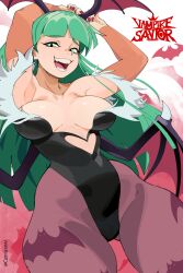 1girls absurd_res arms_above_head armwear bangs bat_print blunt_bangs capcom capraraw clothing darkstalkers demon_wings fangs female female_only green_eyes green_hair head_wings large_breasts leotard long_hair looking_at_viewer morrigan_aensland narrowed_eyes open_mouth pantyhose pink_pantyhose slit_pupils smiling smiling_at_viewer solo solo_female succubus thick_thighs vampire_savior wings