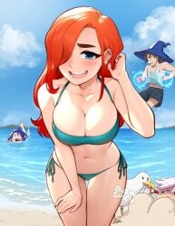 beach big_breasts blue_eyes blush blushypixy blushyspicy character_request copyright_request female kaye_(blushypixy) long_hair orange_hair red_hair swimsuit tagme thick