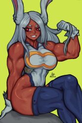 1girls al3s biceps big_breasts breasts bunny_ears bunny_girl dark-skinned_female dark_skin female female_only flexing flexing_bicep fully_clothed hi_res huge_biceps leotard miruko muscular muscular_arms muscular_female my_hero_academia red_eyes rumi_usagiyama solo tagme white_hair