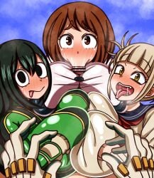 1boy 3girls :>= bar_censor big_breasts black_hair blonde_hair blowjob blush breasts brown_eyes brown_hair censor_bar censored collaborative_sex double_bun eye_contact fellatio fffm_foursome foursome gloves hero_outfit_(mha) himiko_toga huge_breasts izuku_midoriya long_hair looking_at_viewer my_hero_academia ochako_uraraka ochako_uraraka_(hero_outfit) oral paizufella paizuri pencil3693 penis tsuyu_asui unseen_male_face vacuum_fellatio yellow_eyes