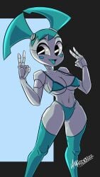 1girls 2022 amhidden bikini black_eyes cheek_spots double_v female female_only jenny_wakeman looking_at_viewer my_life_as_a_teenage_robot nickelodeon robot robot_girl solo solo_female tongue_out twintails v_sign very_high_resolution xj-9