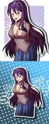 big_breasts big_breasts blue_skirt breasts_almost_out cptweebs_(artist) doki_doki_literature_club long_hair open_mouth purple_eyes purple_hair school_uniform skirt uniform yuri_(doki_doki_literature_club)