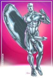 1boy abs alien bald bald_man big_penis fantastic_four male male_focus male_only marvel marvel_comics metallic_body muscular muscular_male norrin_radd nude patrick_fillion pecs shiny_skin silver_skin silver_surfer solo solo_male surfboard veiny_penis