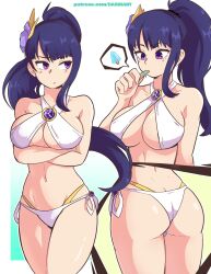 bikini cute dashi_art female genshin_impact popsicle purple_eyes purple_hair raiden_shogun solo solo_female style swimsuit