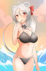 animal_ears animal_tail big_breasts bikini black_bikini blush daebom iron_cross long_hair maus mouse_ears mouse_tail ocean old_art ponytail red_eyes red_eyes_female silver_hair tail war_thunder white_hair