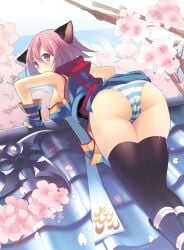 animal_ears ass ass_focus bangs black_thighhighs blue_kimono blue_panties blush breasts cat_ears cherry_blossoms commentary_request feet_out_of_frame female female from_behind japanese_clothes kaede_(sayappa) kimono large_breasts looking_at_viewer looking_back ninja_(ragnarok_online) panties pink_eyes pink_hair ragnarok_online red_scarf rooftop scarf short_hair shuriken solo striped striped_panties thighhighs tree underwear weapon white_panties