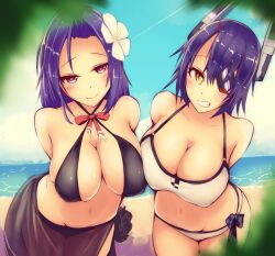 2girls arms_behind_back big_breasts breasts eyebrows_visible_through_hair flower flower_in_hair kantai_collection katsuten multiple_girls navel purple_hair ribbon tagme tatsuta_(kantai_collection) tenryuu_(kantai_collection)