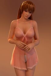 1girls 3d 3d_(artwork) babydoll breasts brown_eyes brown_hair chemise cleavage dead_or_alive dead_or_alive_5 female female_only gradient_background highres kasumi_(doa) lace-trimmed_lingerie lace_trim large_breasts lingerie long_hair looking_at_viewer pink_lingerie radianteld red_eyes red_hair redhead ring simple_background solo tecmo thong white_thong white_underwear