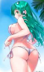 1girls ass beach bikini breasts cleavage female green_eyes green_hair long_hair sanae_kochiya solo swimsuit touhou yamaguchi_yuu