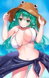 1girls beach bikini breasts cleavage female green_eyes green_hair long_hair sanae_kochiya solo swimsuit touhou yamaguchi_yuu