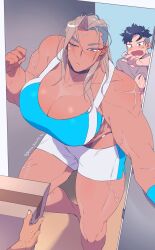 2girls big_breasts blue_eyes breasts cleavage female gram_quartz gym_shorts large_breasts multiple_girls muscular muscular_female original scar scars_all_over short_hair sports_bra tagme undercut