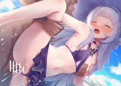 1boy bangs bar_censor bikini blunt_bangs blush breast_squeeze breasts censored choker cum cum_in_pussy dark-skinned_male dark_skin female frilled_bikini frills grey_hair highres hololive hololive_gen_2 hololive_japan ichi-go leg_up long_hair murasaki_shion navel nipples one_breast_out one_eye_closed open_mouth penis pussy sex sex_from_behind small_breasts straight sweat swimsuit vaginal_penetration virtual_youtuber wet yellow_eyes