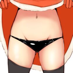 belly_button black_latex_panties black_legwear black_panties black_stockings full_color hibiki_(kantai_collection) kantai_collection katsuten latex_panties legwear light-skinned_female light_skin navel panties santa_costume simple_background stockings tagme verniy_(kantai_collection)