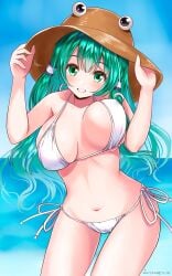 1girls beach bikini breasts cleavage female green_eyes green_hair long_hair sanae_kochiya solo swimsuit touhou yamaguchi_yuu